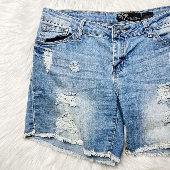 Rock and Royal Cut Off Distressed Midi Shorts Light Wash Medium - Picture 1 of 3